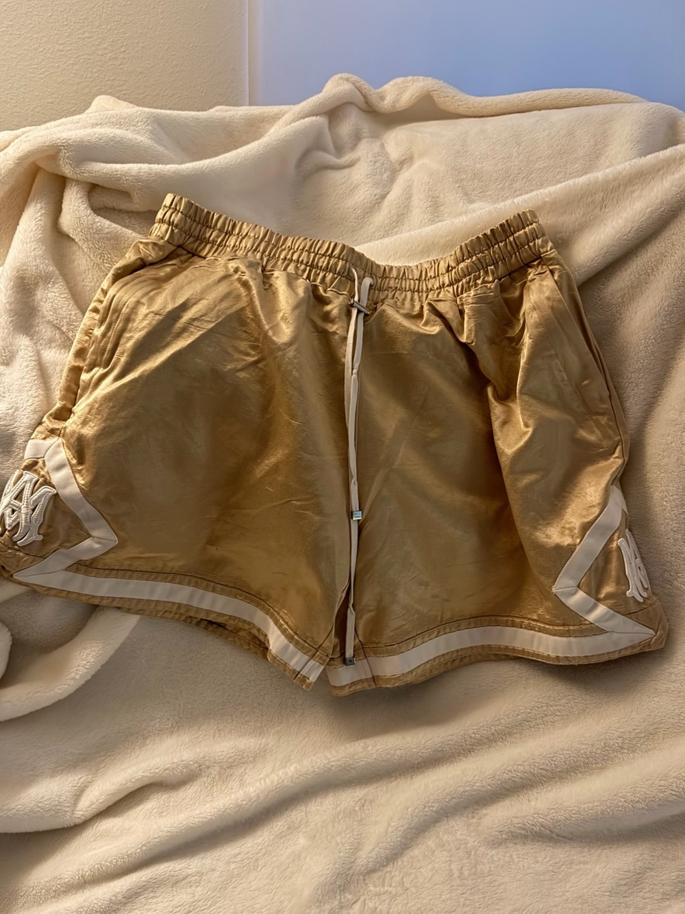 AMIRI Gold Satin Athletic Drawstring Shorts with White Trim